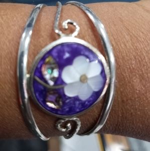 Vintage Alpaca Mexico Silver  Abalone Shell Flower Purple Cuff Bracelet